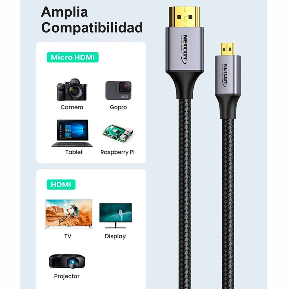 NETCOM - Cable Micro Hdmi a Hdmi 5 Metros NETCOM 2.0 4K 60 Hz ULTRA HD eARC