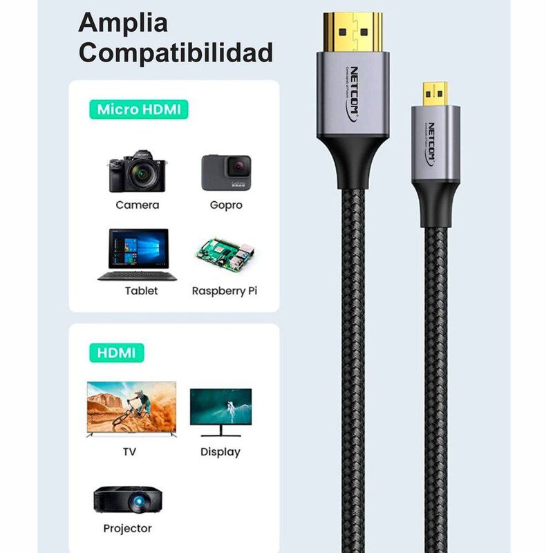 NETCOM - Cable Micro Hdmi a Hdmi 5 Metros NETCOM 2.0 4K 60 Hz ULTRA HD eARC