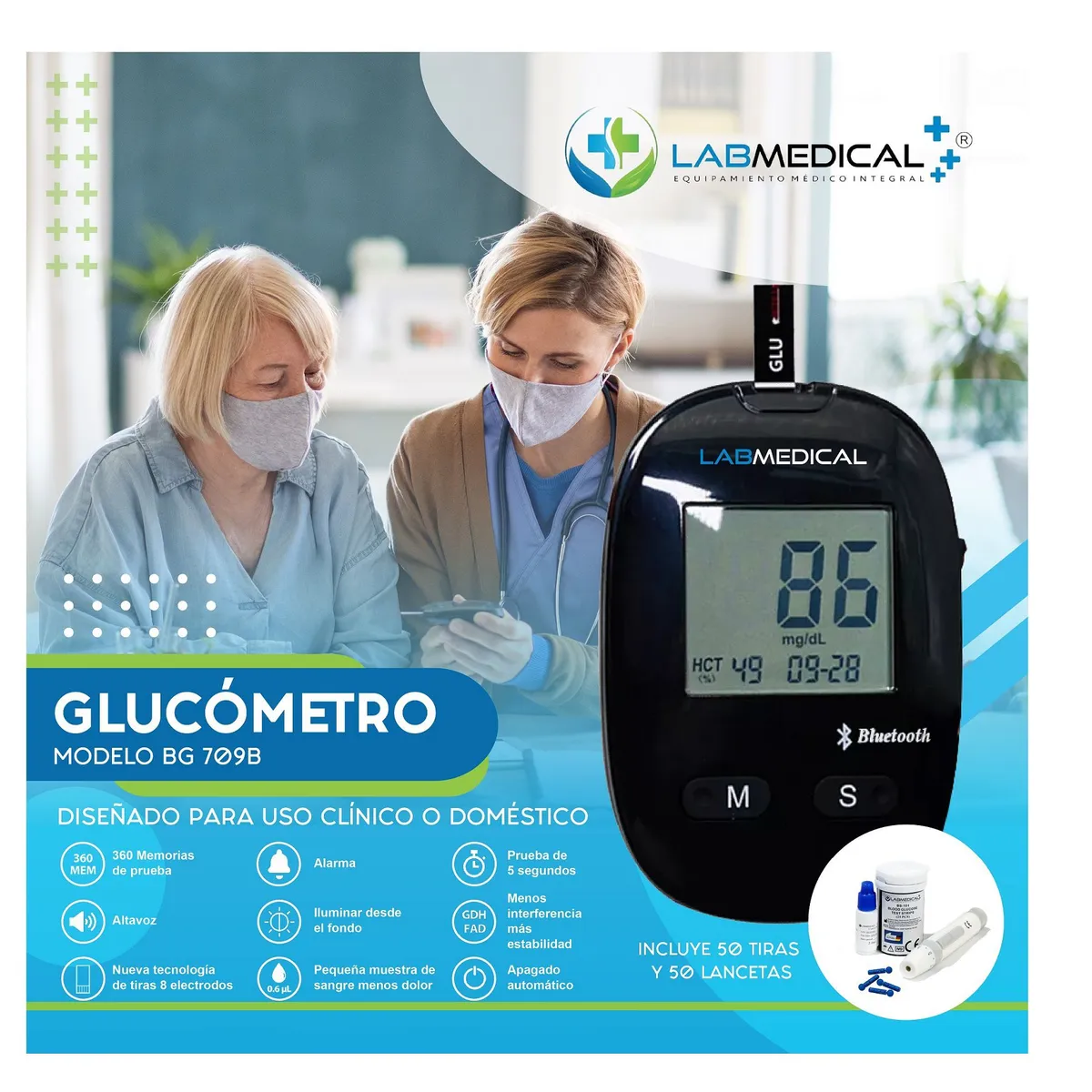 LABMEDICAL - GLUCOMETRO BG709B + 50 tiras + 50 lancetas + bluetooth
