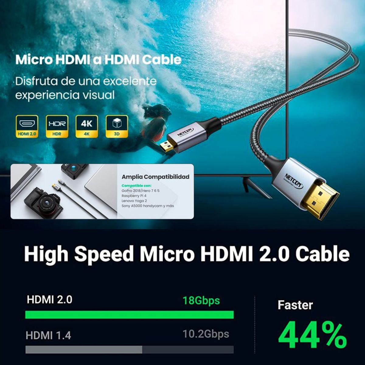 NETCOM - Cable Micro Hdmi a Hdmi 10m NETCOM 2.0 4K 60 Hz Ultra HD