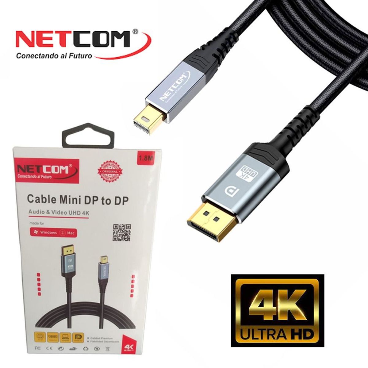 NETCOM - Cable Mini Displayport a Displayport Netcom Pvc Macho 1.8 Metros 4k