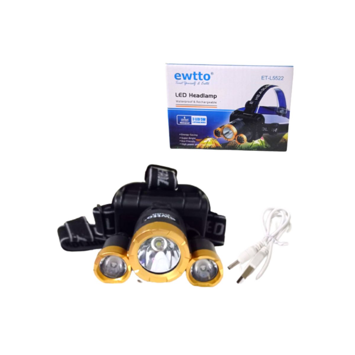 EWTTO - Linterna Frontal Recargable 3 Led 5W Alto Brillo Ewtto L5522