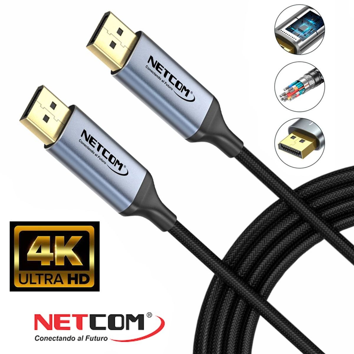 NETCOM - Cable Displayport a Displayport Netcom malla Macho 3 Metros 4k DP a DP