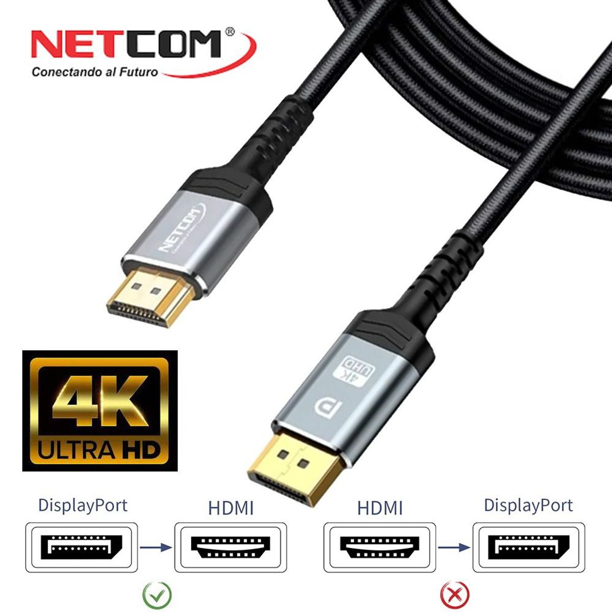 NETCOM - Cable Displayport a HDMI Netcom Macho 1.8 Metros 4k DP a HDMI 60hz