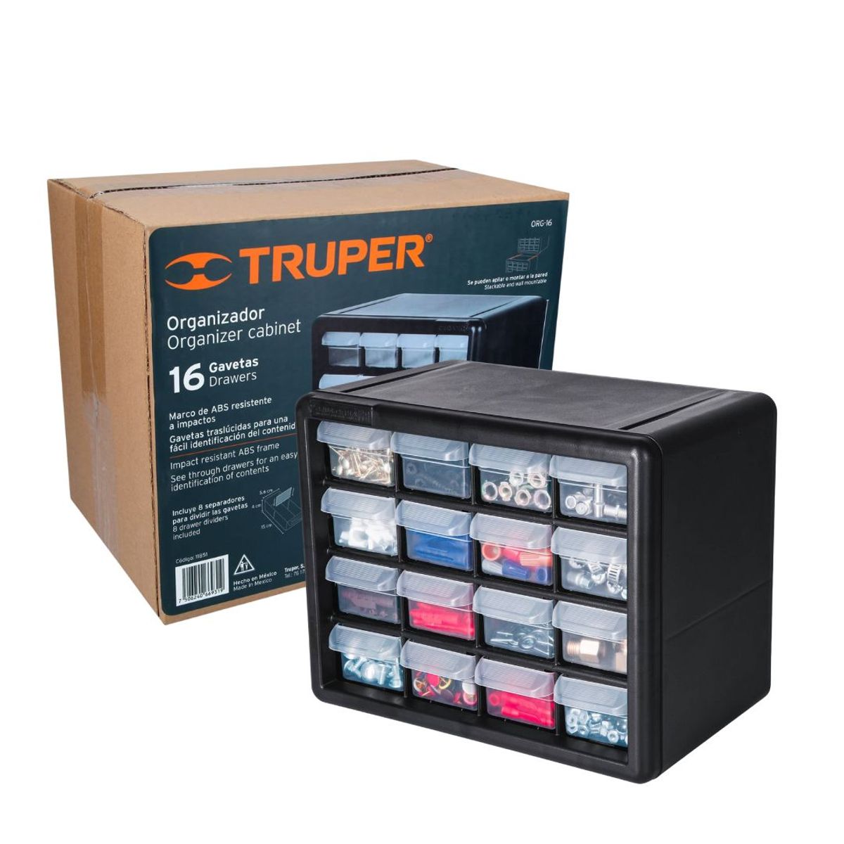 TRUPER - Organizador Plástico Resistente 16 Compartimientos Truper