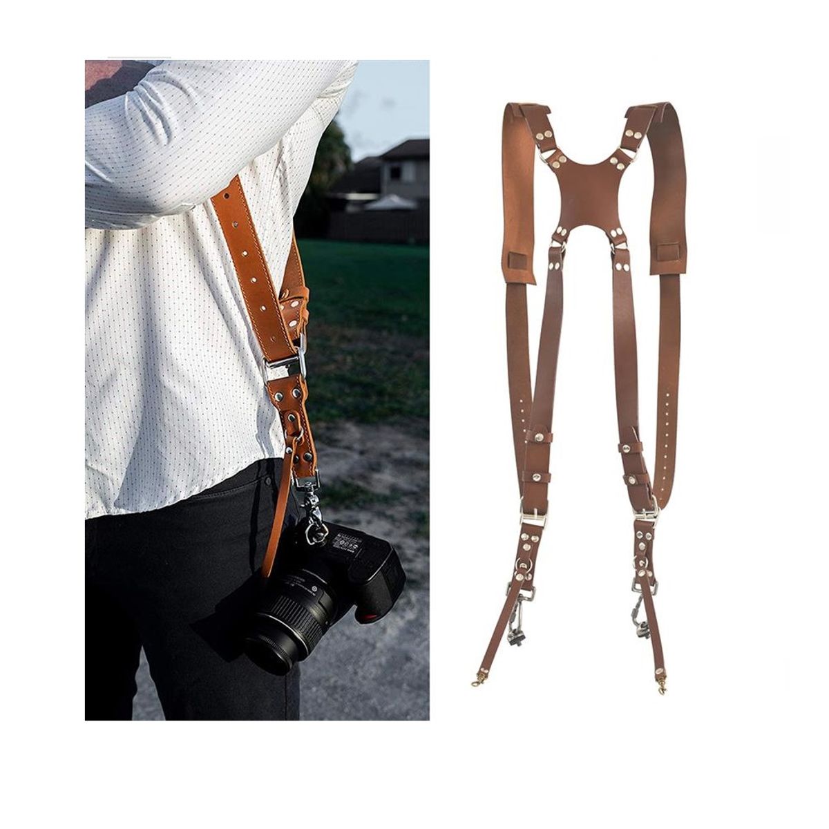 GENERICO - Correa doble de cuero para camara DLSR color marron