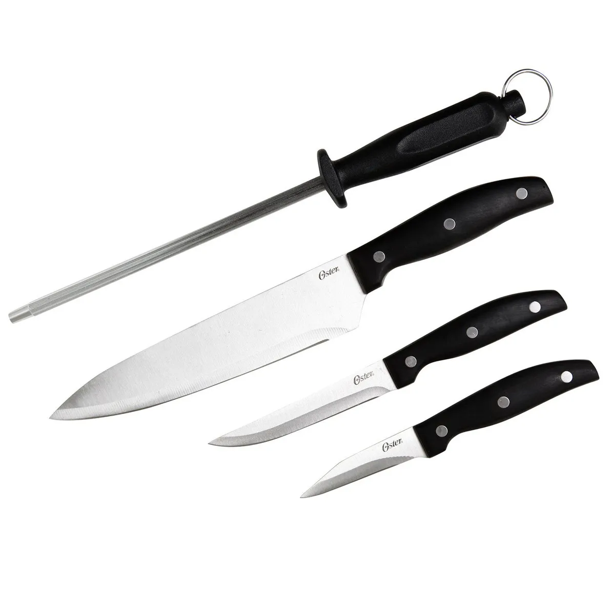 OSTER - Set de Cuchillos con Afilador 4 Piezas Acero Inoxidable