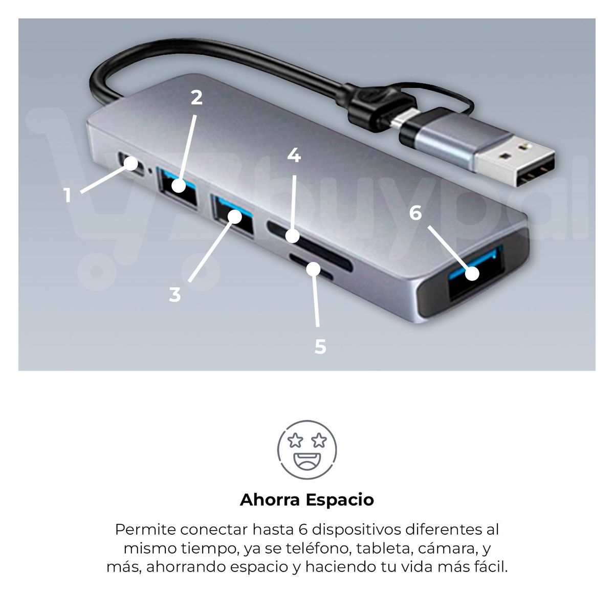 BUYPAL - Adaptador Hub USB Tipo C Multipuerto 6 en 1 PC Laptop