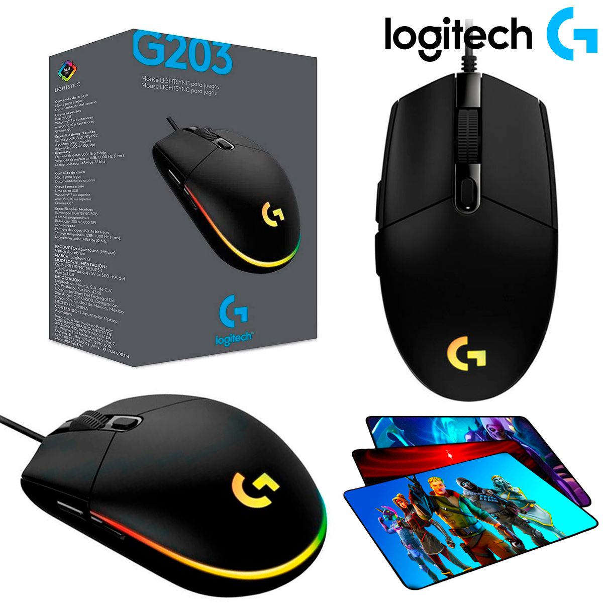 LOGITECH - Mouse Gamer Logitech G203 Lightsync RGB y Padmouse Diseño Gamer