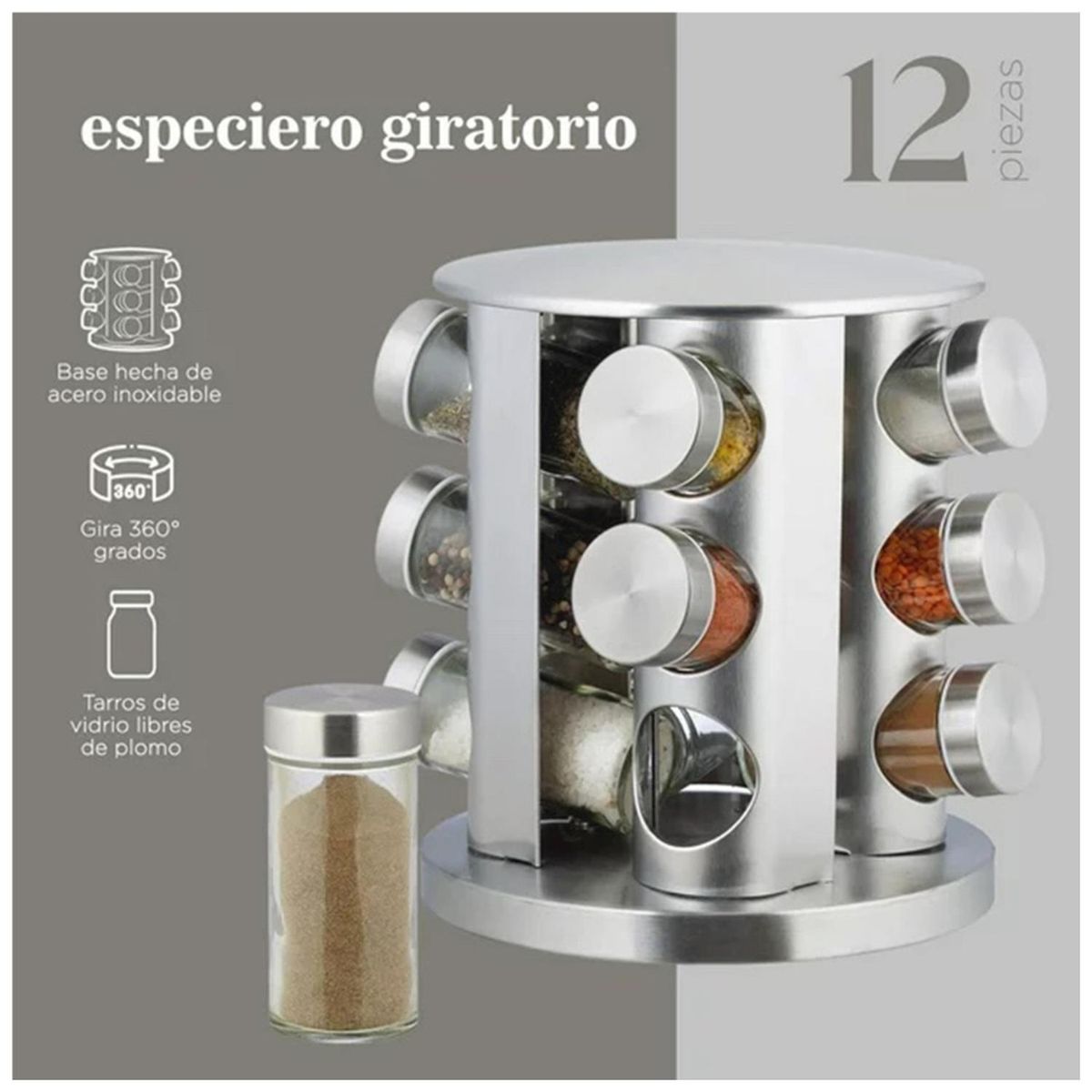 MINARI - Condimentero Especiero Giratorio 12 Frascos de Vidrio 217C