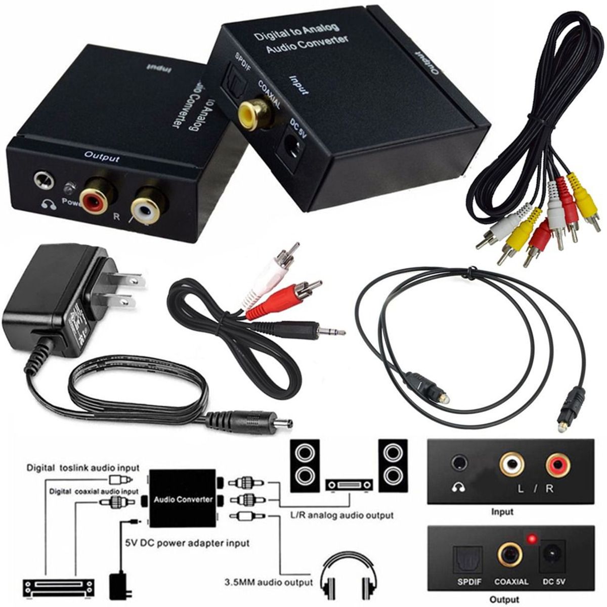 GENERICO - Kit Convertidor de Audio Optico Digital a RCA 3.5mm + 3 cables