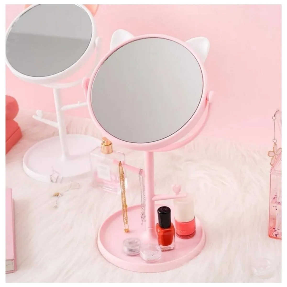 MINARI - Espejo Joyero de Tocador en Forma de Gatito Rosado 327E