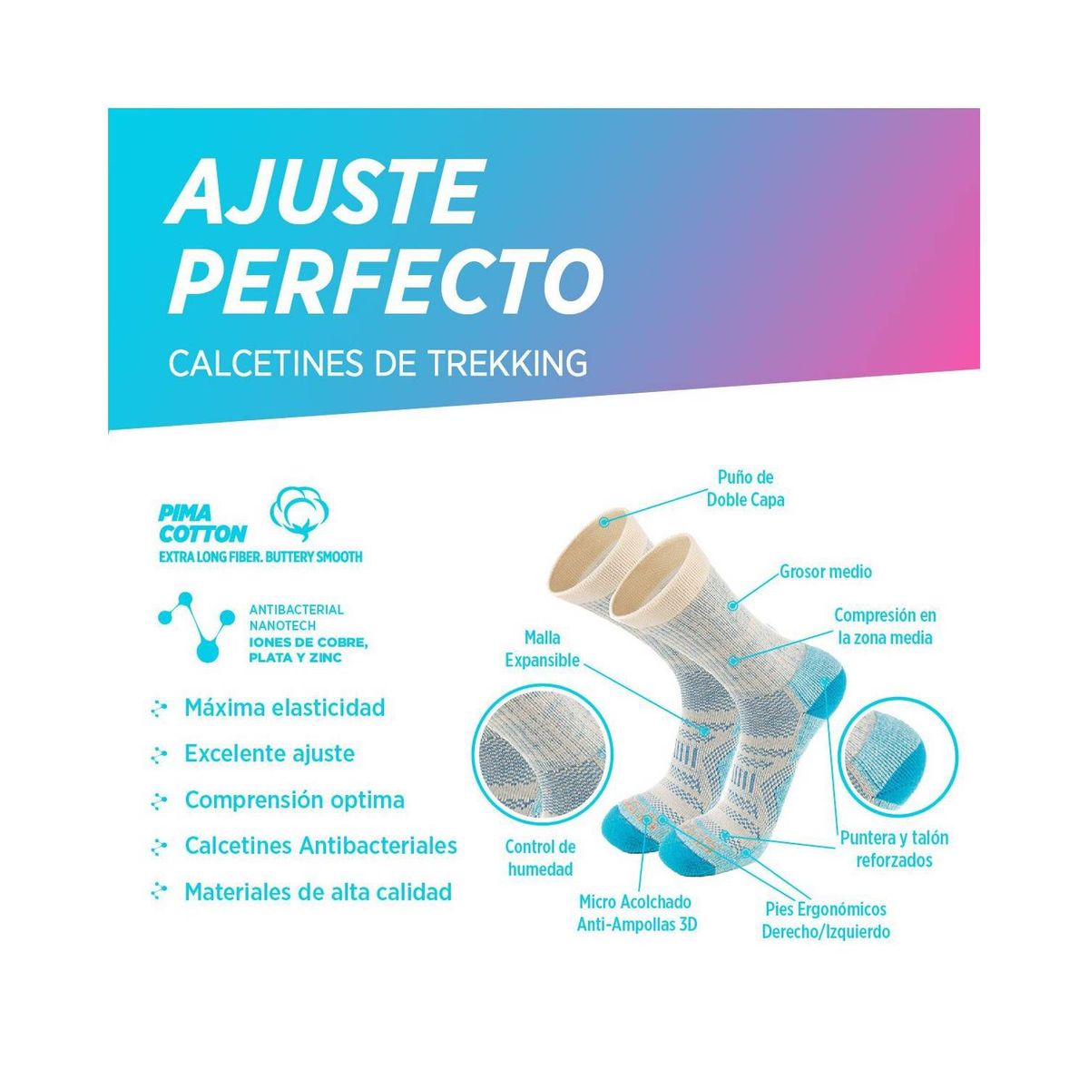 SILVERA NANOTECH - Medias trekking mujer y hombre 2-pack pima