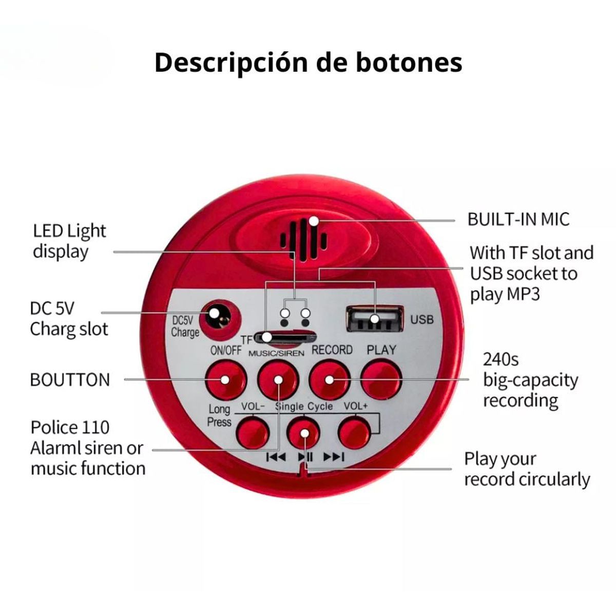 GENERICO - Megáfono 35W Recargable Sirena y Grabación 240 Segundos USB TF 528U