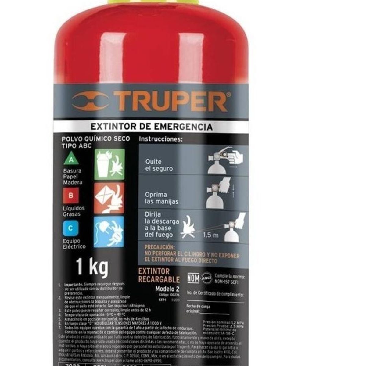 TRUPER - Extintor Portatil  Recargable 1 Kg, Polvo Tipo ABC, Truper