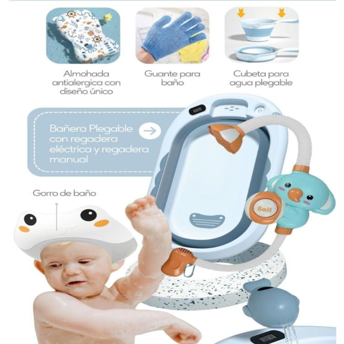 BABY - Bañera para Bebe Plegable con Termometro y Regadera  Celeste
