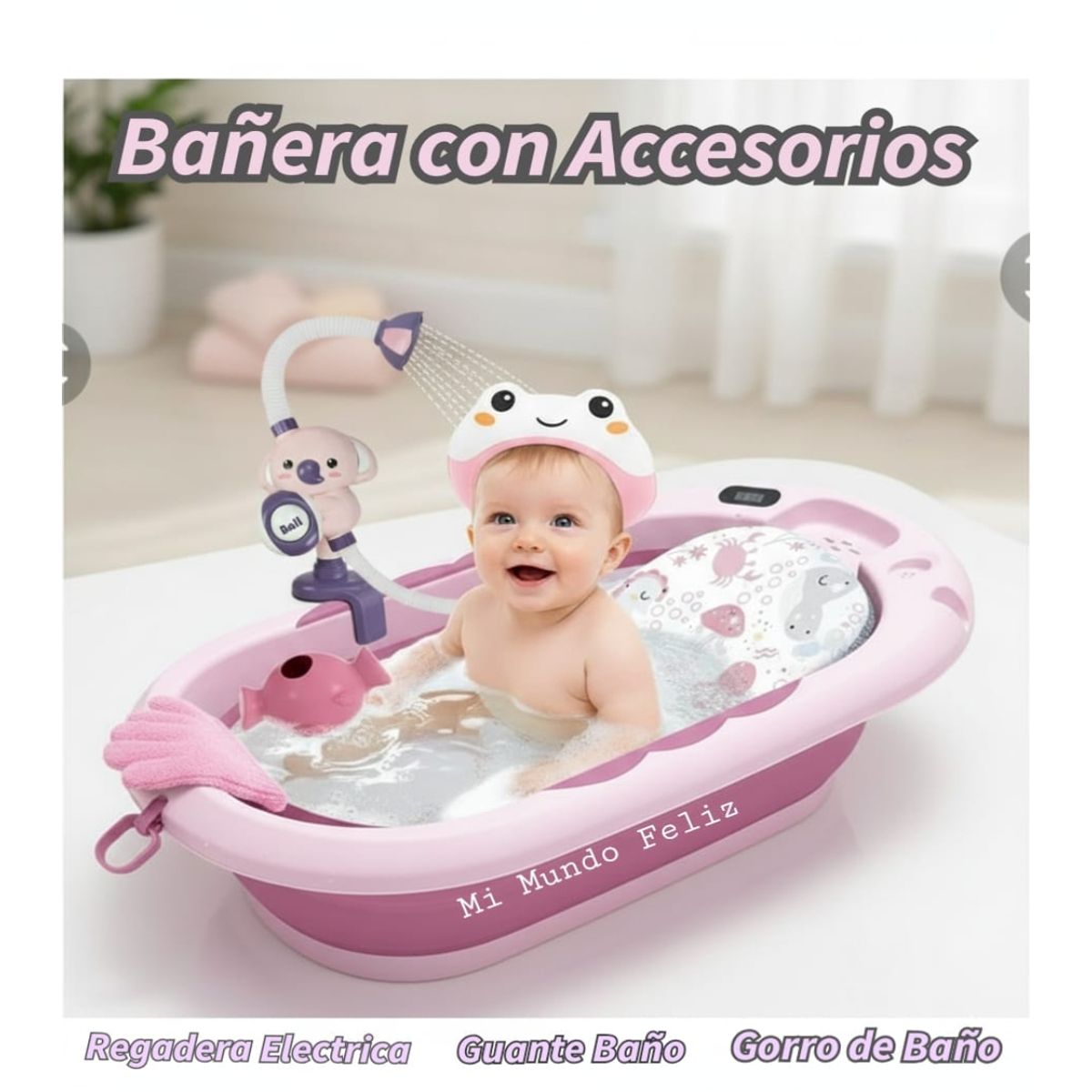 GENERICO - Bañera para Bebe Plegable con Termometro y Rociador Rosado