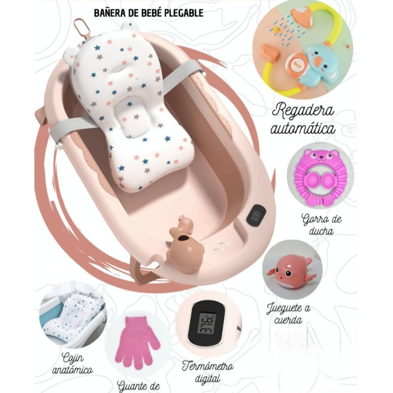 GENERICO - Bañera para Bebe Plegable con Termometro y Rociador Rosado