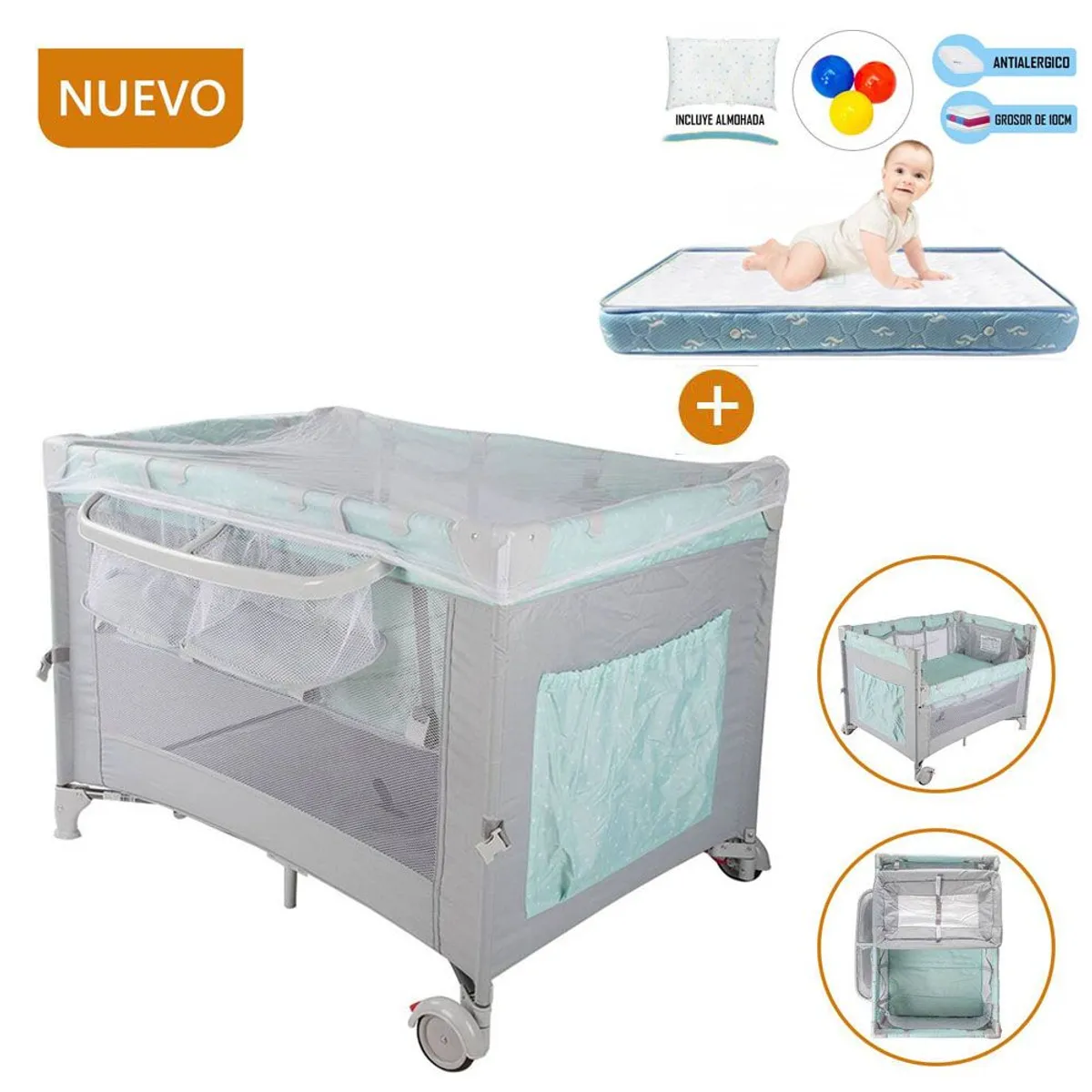 INFANTI - Cuna Corral Always Together Infanti Menta - Colchón Celeste