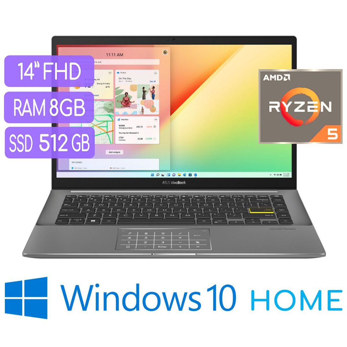 ASUS - Laptop Ryzen 5 5500U, SSD 512GB, RAM 8GB, Pantalla 14'' Fhd, Windows 10, ASUS Vivobook