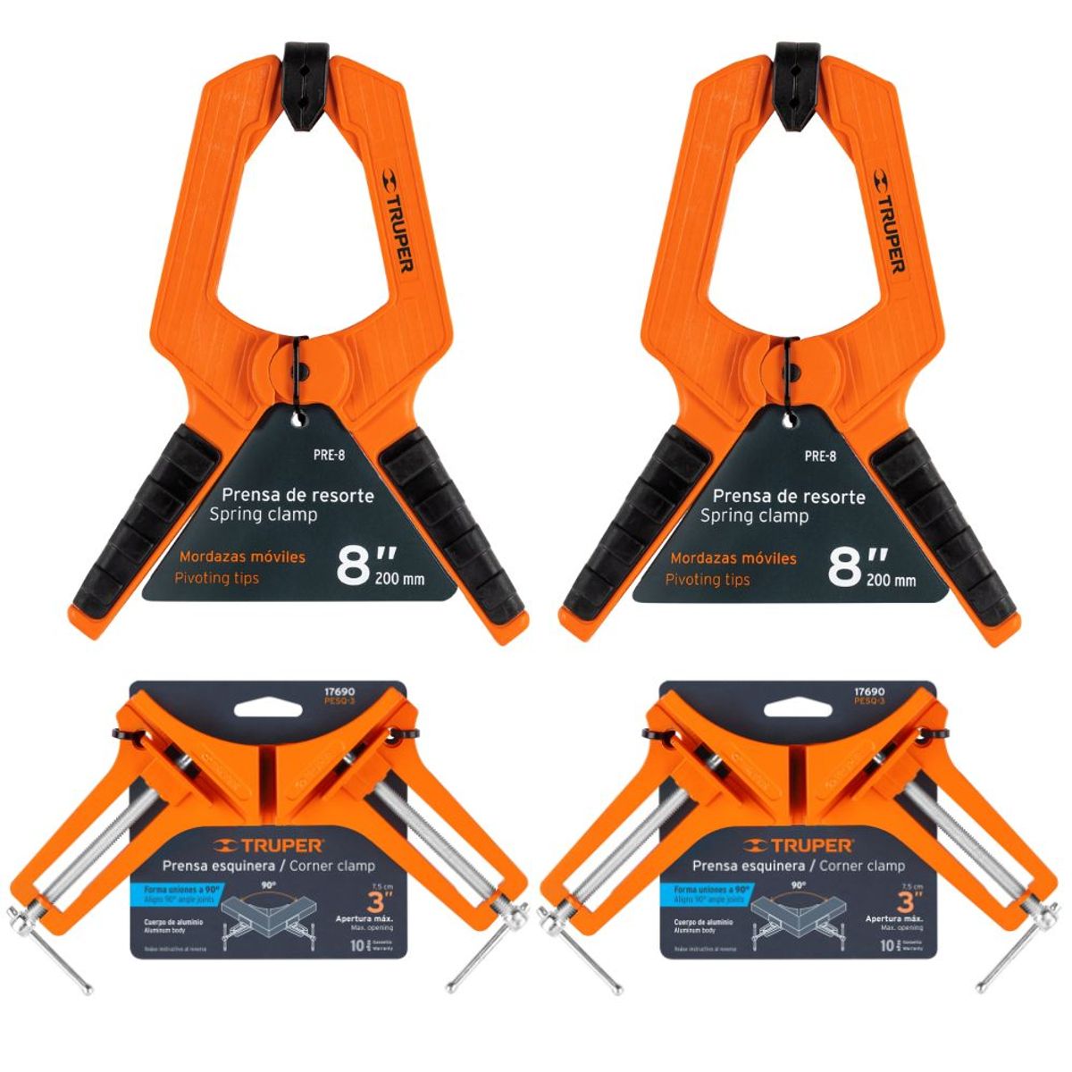 TRUPER - combo Prensa esquinera + prensa resorte, carpintero / 4 piezas, truper