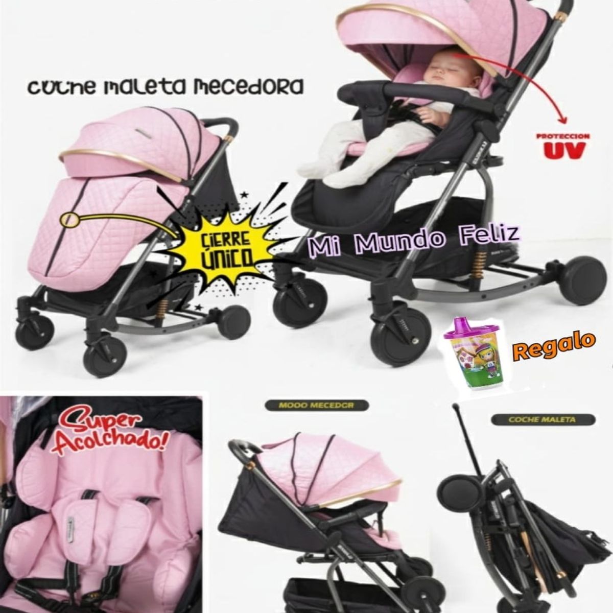 BABY HAPPY - Coche para Bebe Mecedora Rocking con Cubrepies Pink