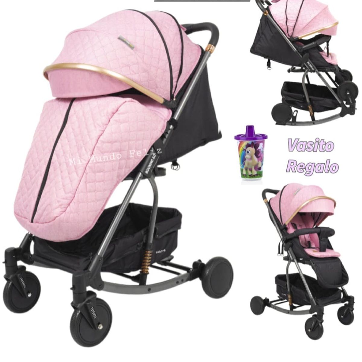 BABY HAPPY - Coche para Bebe Mecedora Rocking con Cubrepies Pink