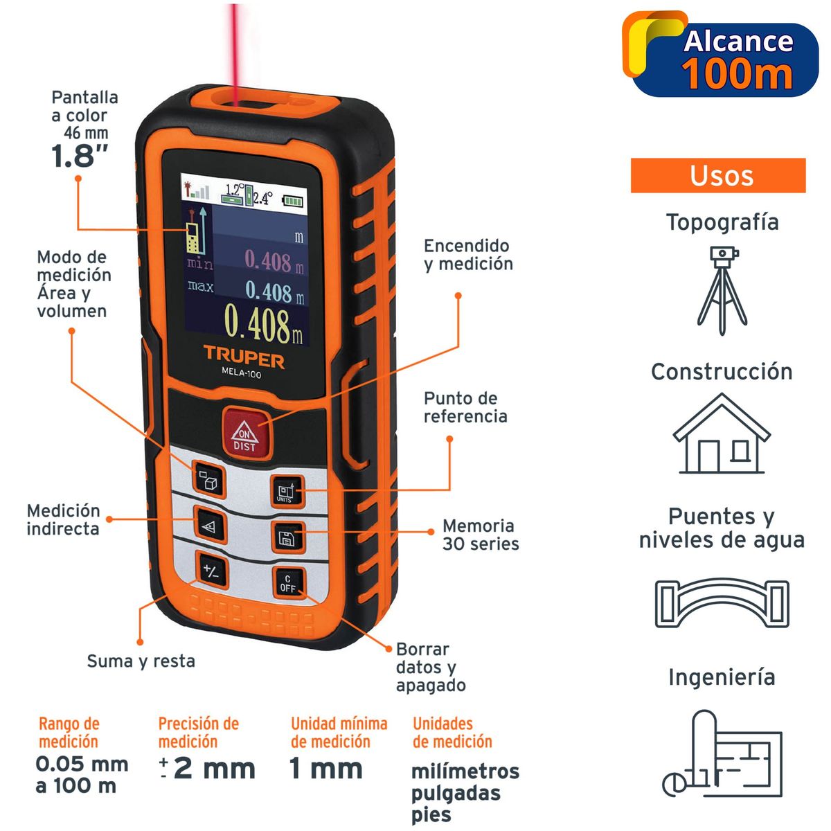 TRUPER - Medidor de distancia láser 100m truper distanciómetro