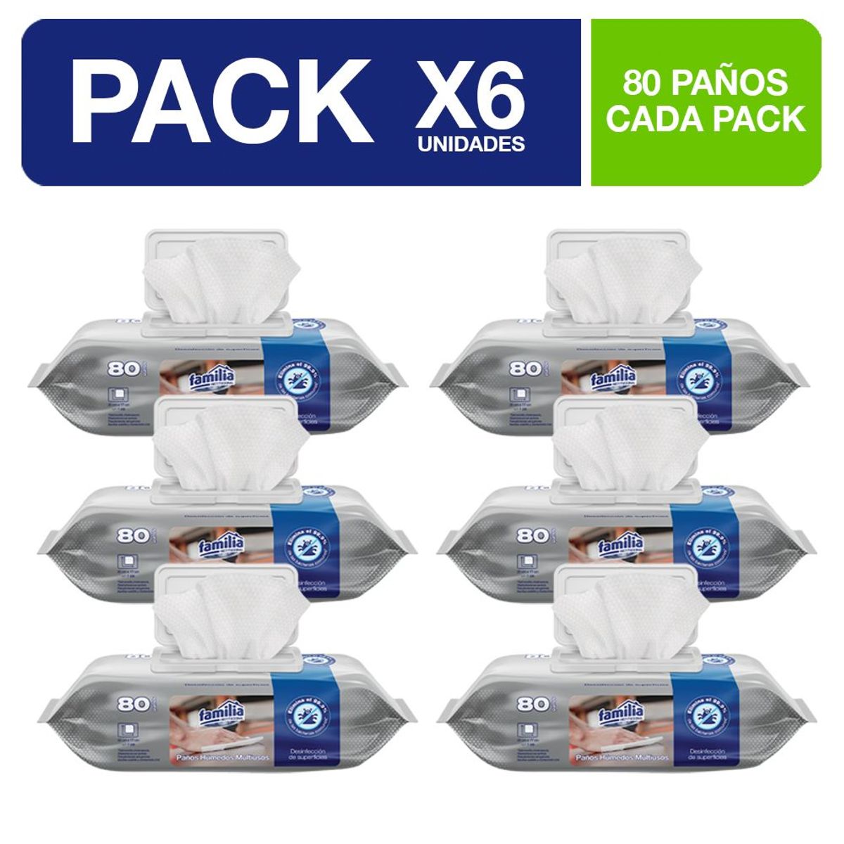 FAMILIA INSTITUCIONAL - Paños Húmedos Familia Desinfectantes 6 Paquetes de 80 Paños