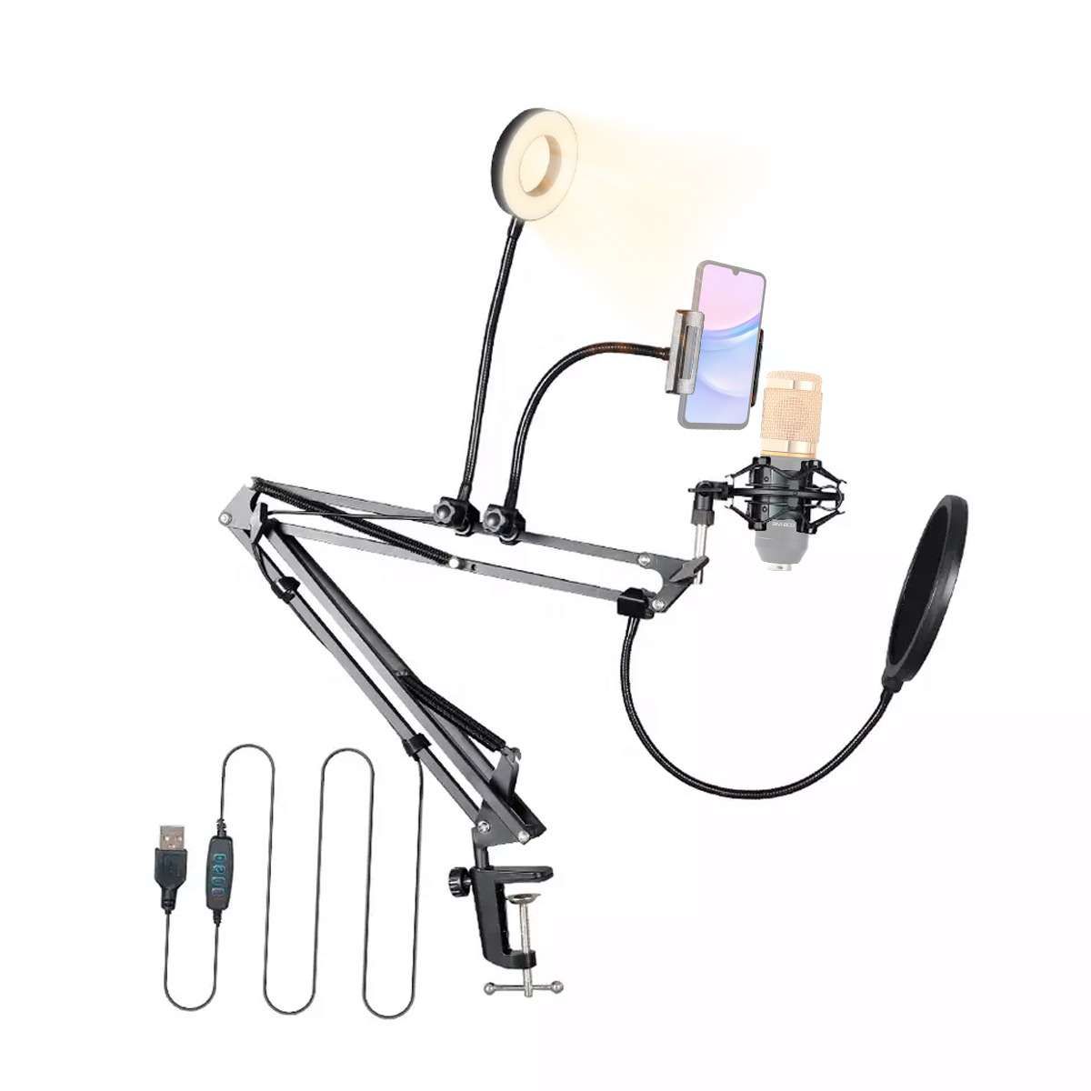 KREED - Brazo Soporte Multifuncional Para Micrófono y Celular con Aro LED