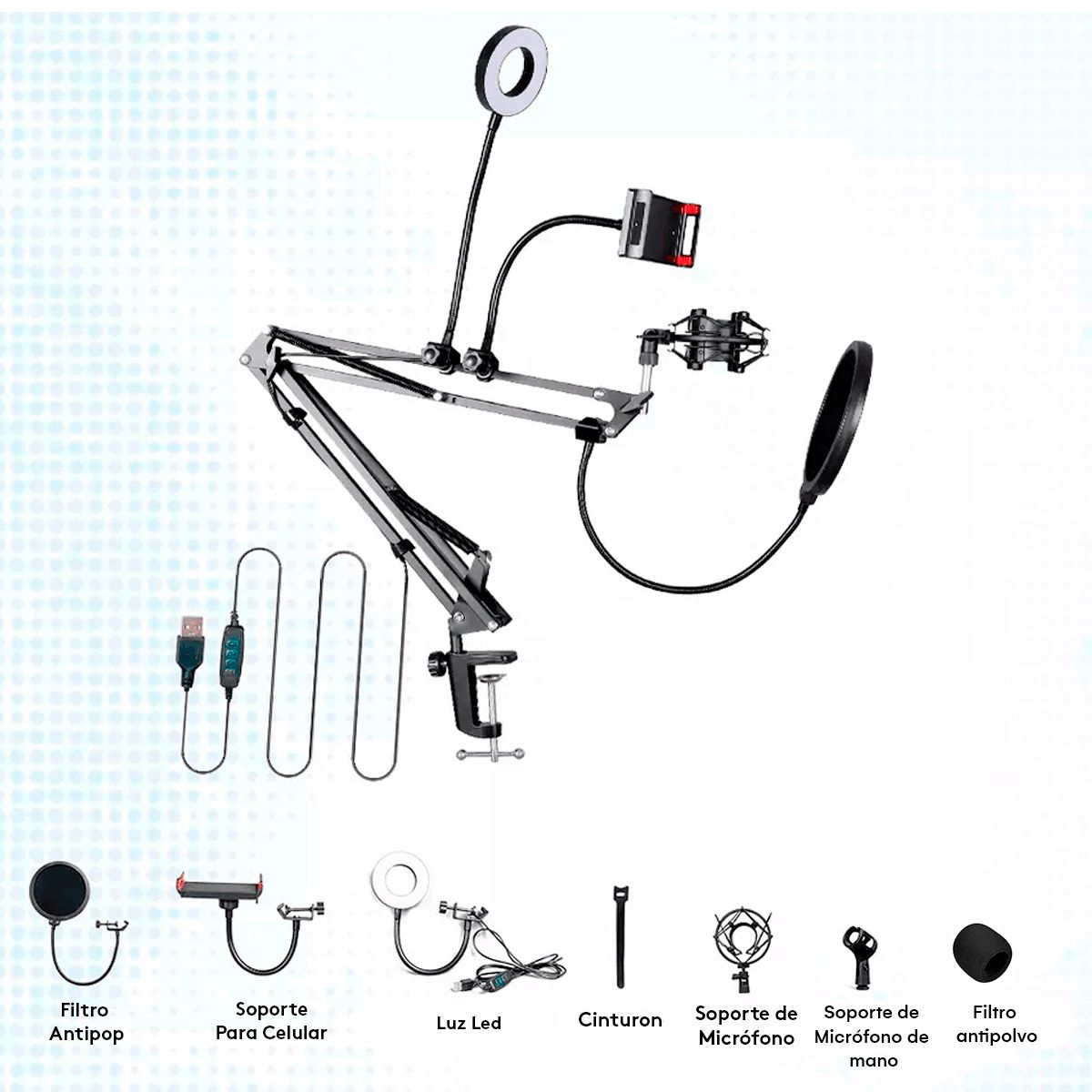 KREED - Brazo Soporte Multifuncional Para Micrófono y Celular con Aro LED
