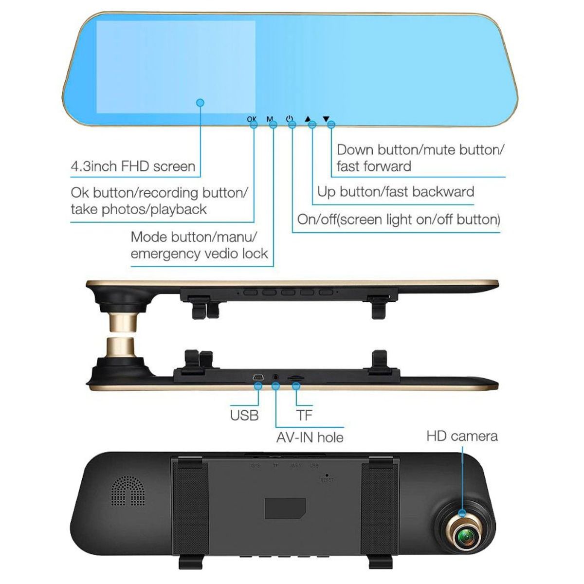 GENERICO - Espejo Retrovisor para Auto con Doble Camara de Retroceso