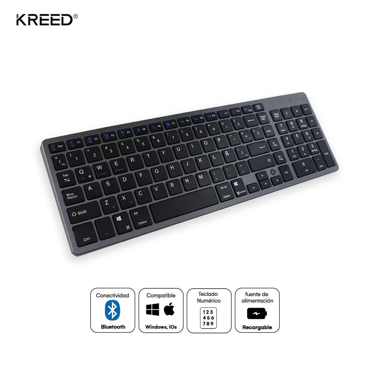KREED - Teclado Inalámbrico Recargable Bluetooth BK348 - Negro