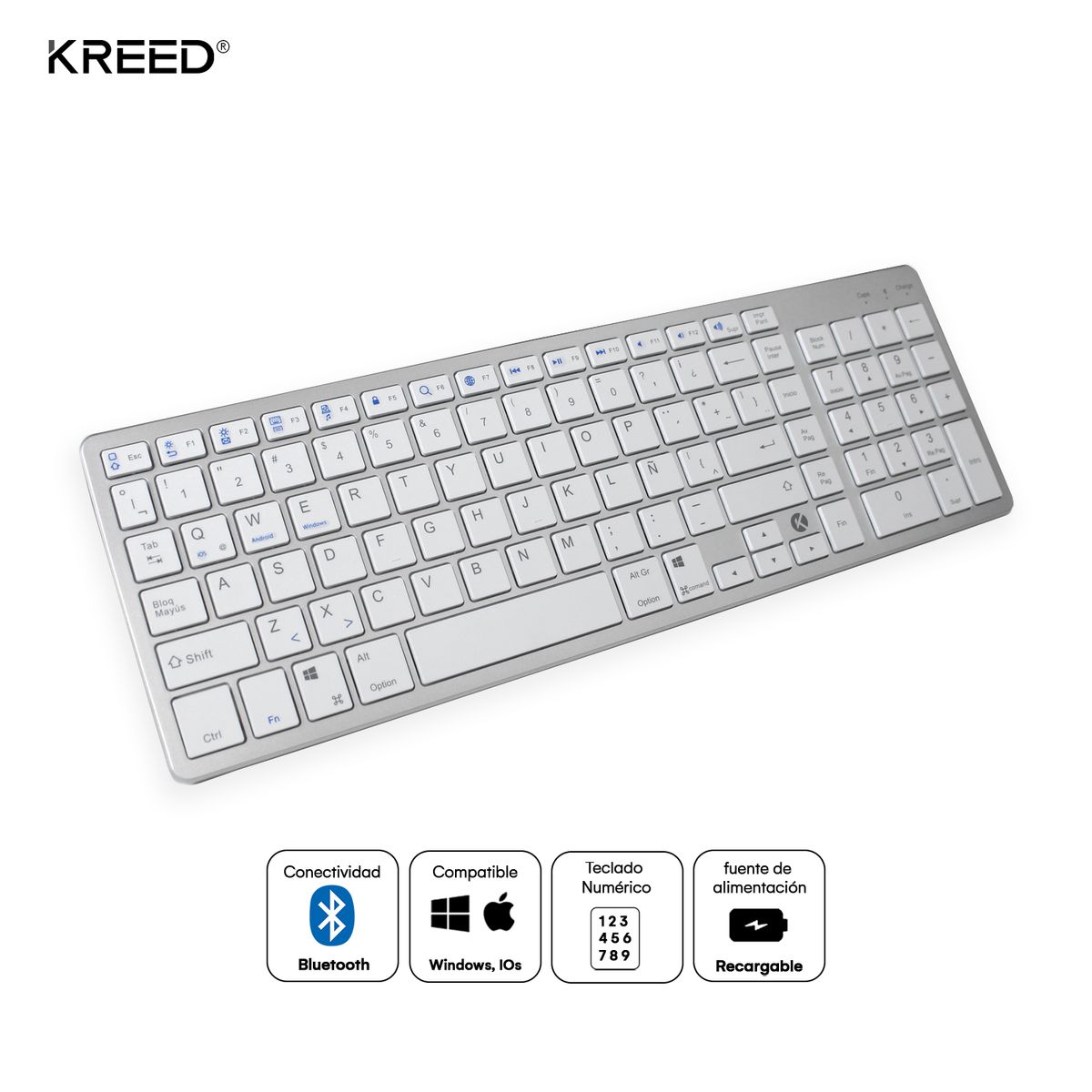 KREED - Teclado Inalámbrico Recargable Bluetooth BK348 - Blanco