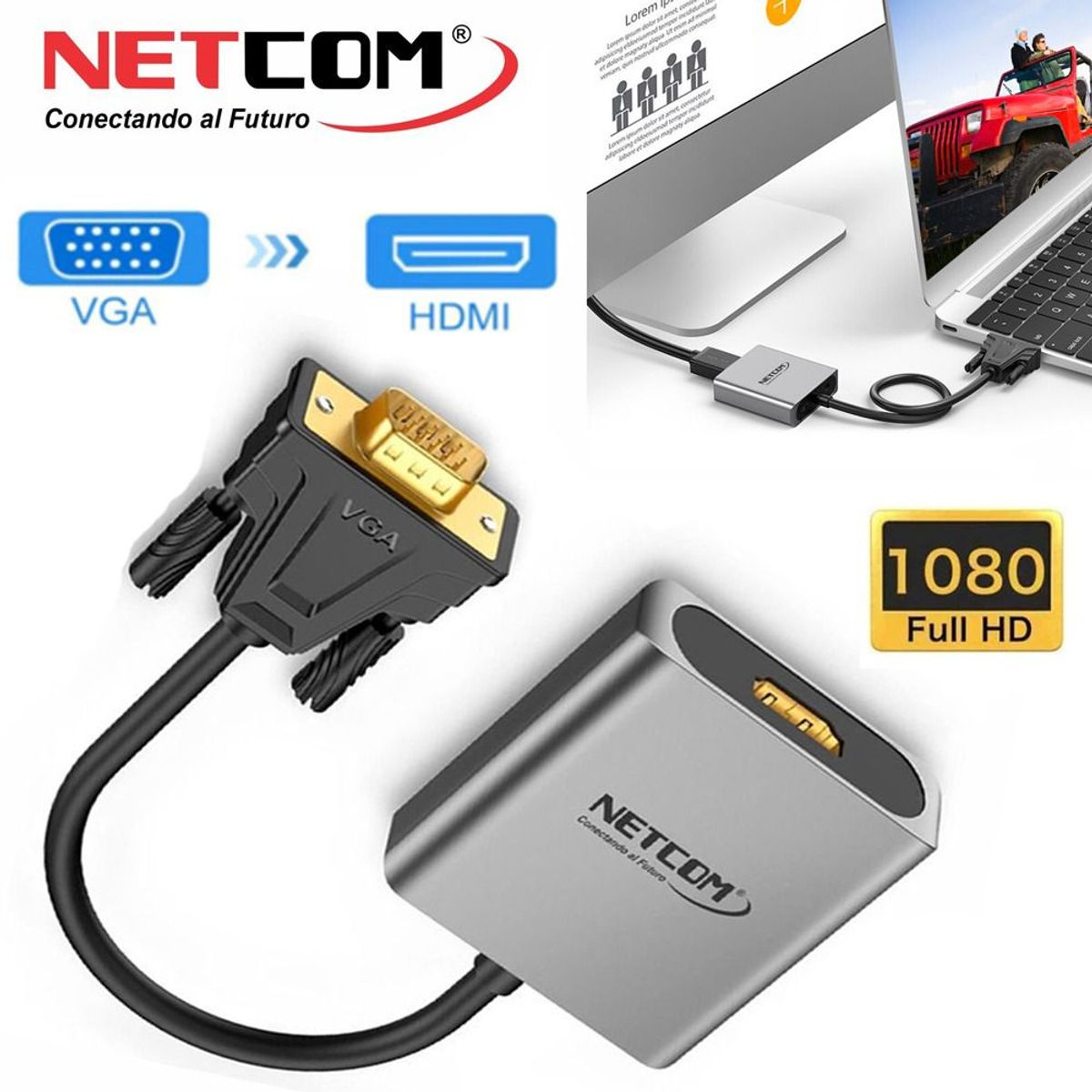 NETCOM - Convertidor VGA macho a HDMI hembra Netcom full HD audio y video 1080P