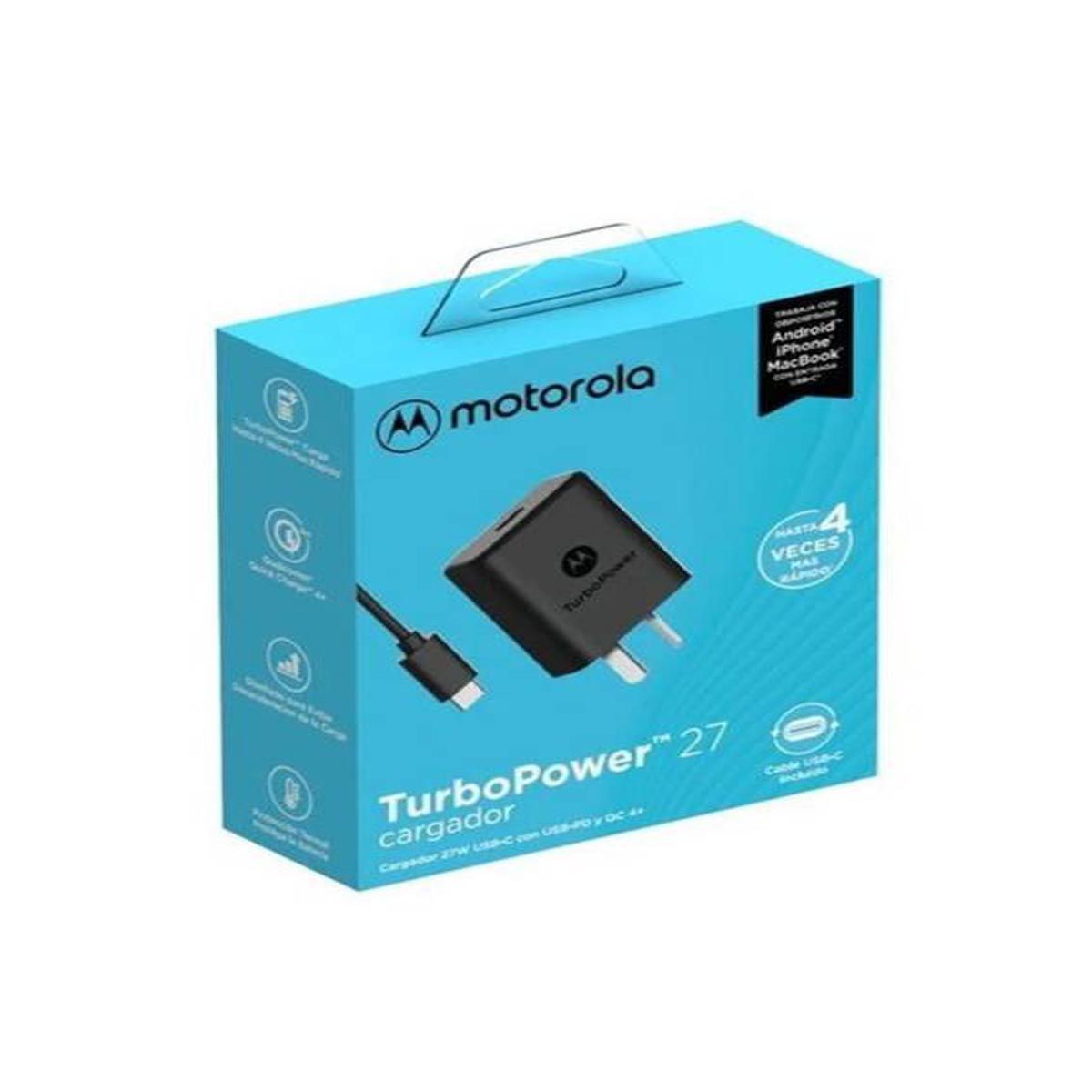 MOTOROLA - Cargador Motorola Turbo Power 27W Tipo C Carga Rápida Q C 4.0 Negro