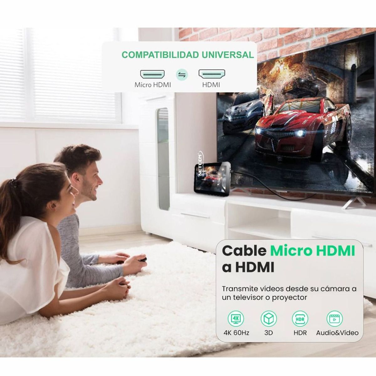 NETCOM - Cable Micro Hdmi a Hdmi 1.8 Metros NETCOM 2.0 4K 60 Hz ULTRA HD