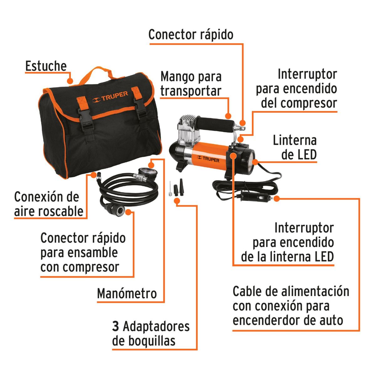 TRUPER - Inflador Compresor Aire portátil para auto 12V con linterna