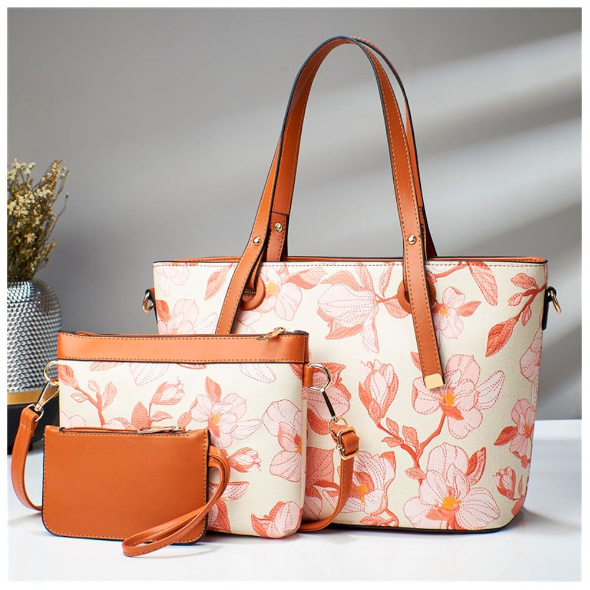 GENERICO - Juego de Carteras Bolsos 3 Piezas Flores Rosado