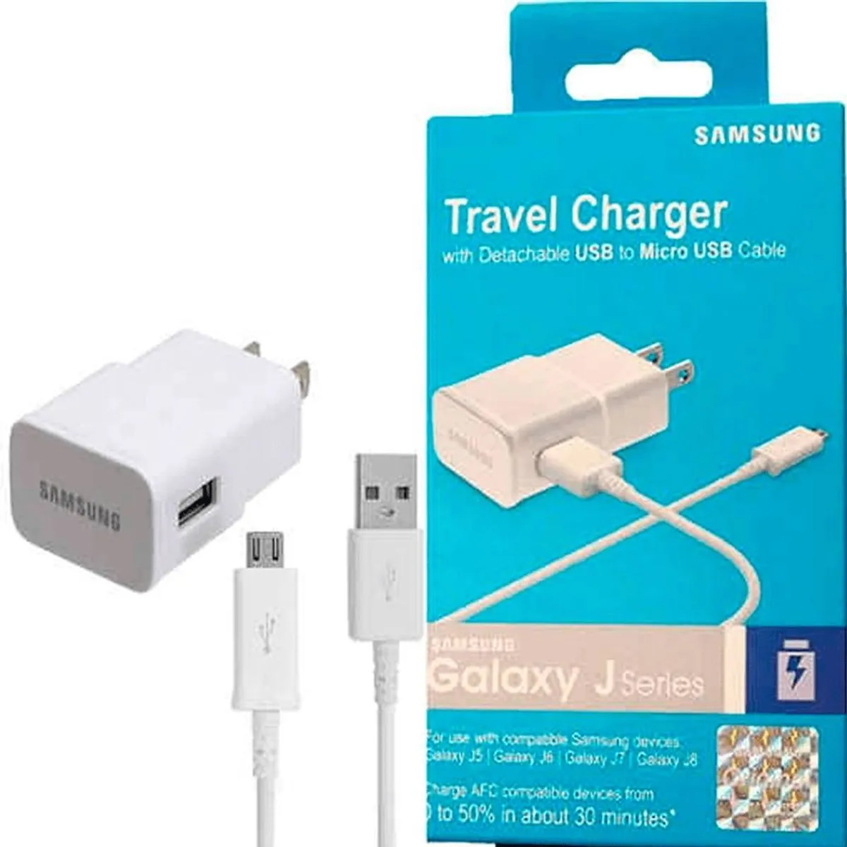 SAMSUNG - Cargador Samsung 1 5A Serie J Micro USB V8 Blanco