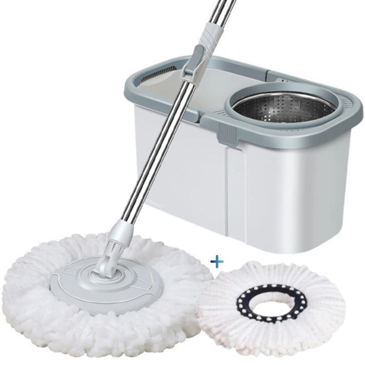 MINARI - Balde Centrifugador con Trapeador 2 Mopas 360° Gris T02V
