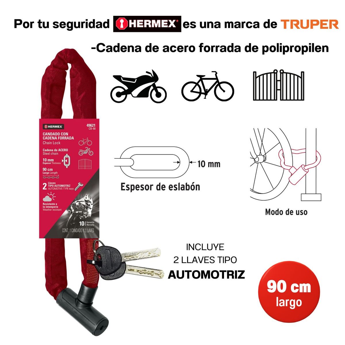 HERMEX - Candado cadena bicicleta moto cadena forrada hermex cb-90