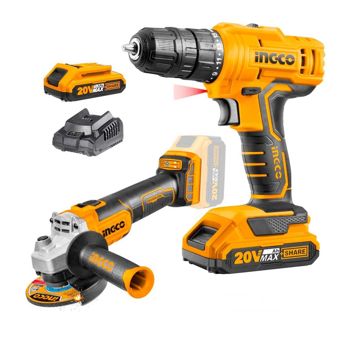 INGCO TOOLS - COMBO 20V INGCO TALADRO ATORNILLADOR  AMOLADORA BRUSHLEES CORTADOR