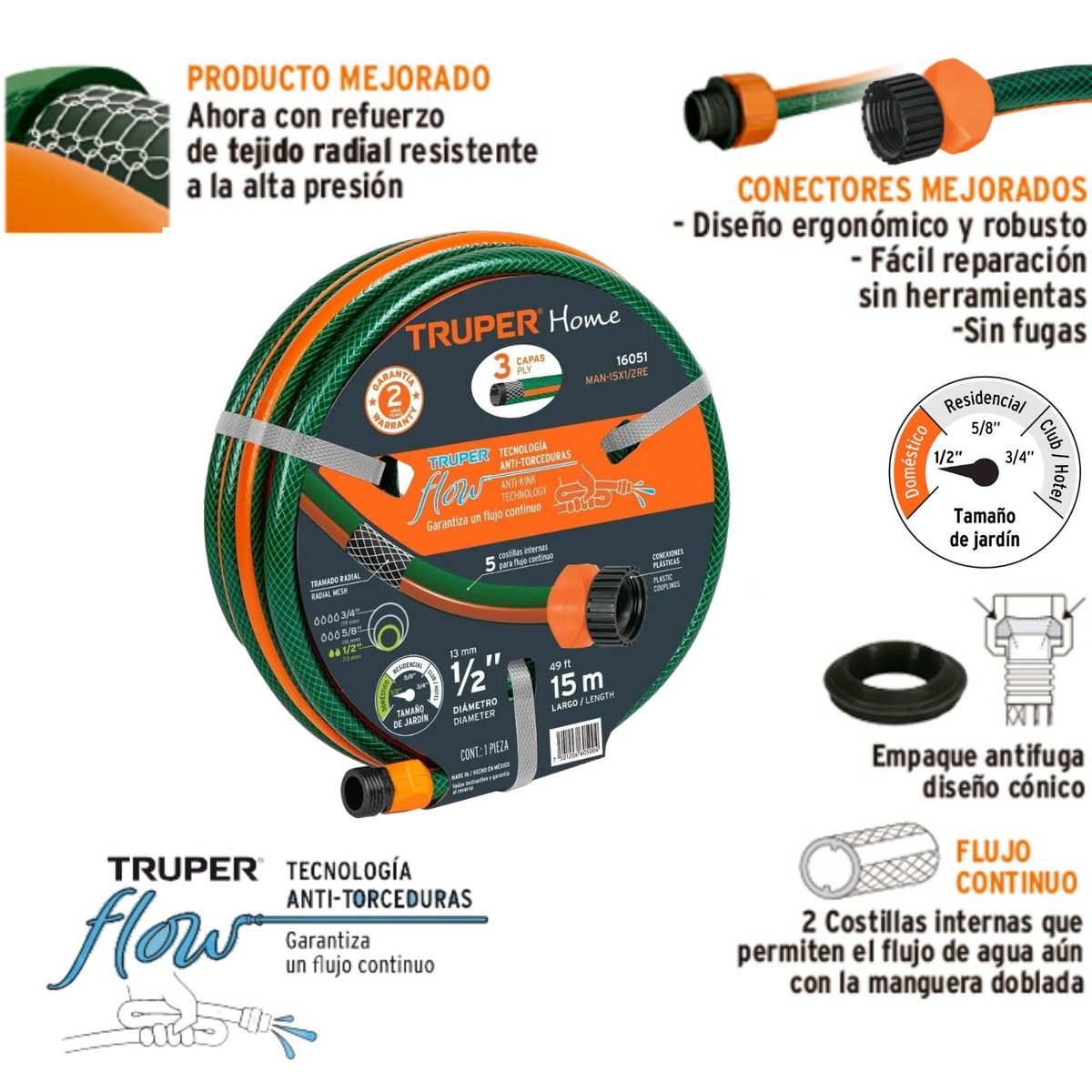 TRUPER - Manguera de riego expandible  reforzada 1/2" x 15m truper