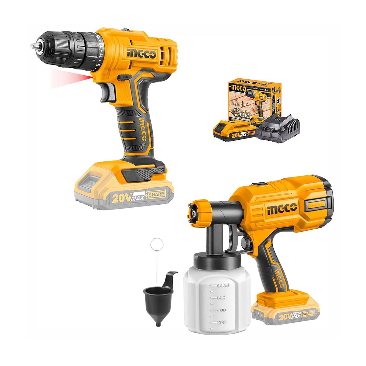 INGCO TOOLS - COMBO 20V INGCO TALADRO ATORNILLADOR PISTOLA DE PINTAR BATERIA