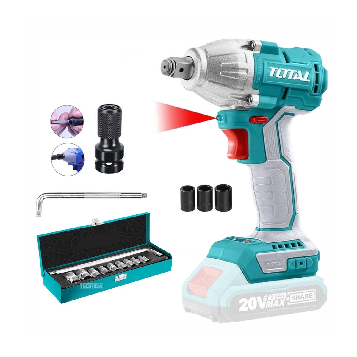 TOTAL TOOLS - COMBO 20V TOTAL LLAVE DE IMPACTO ½'' JUEGO DE DADOS ADAPTADOR