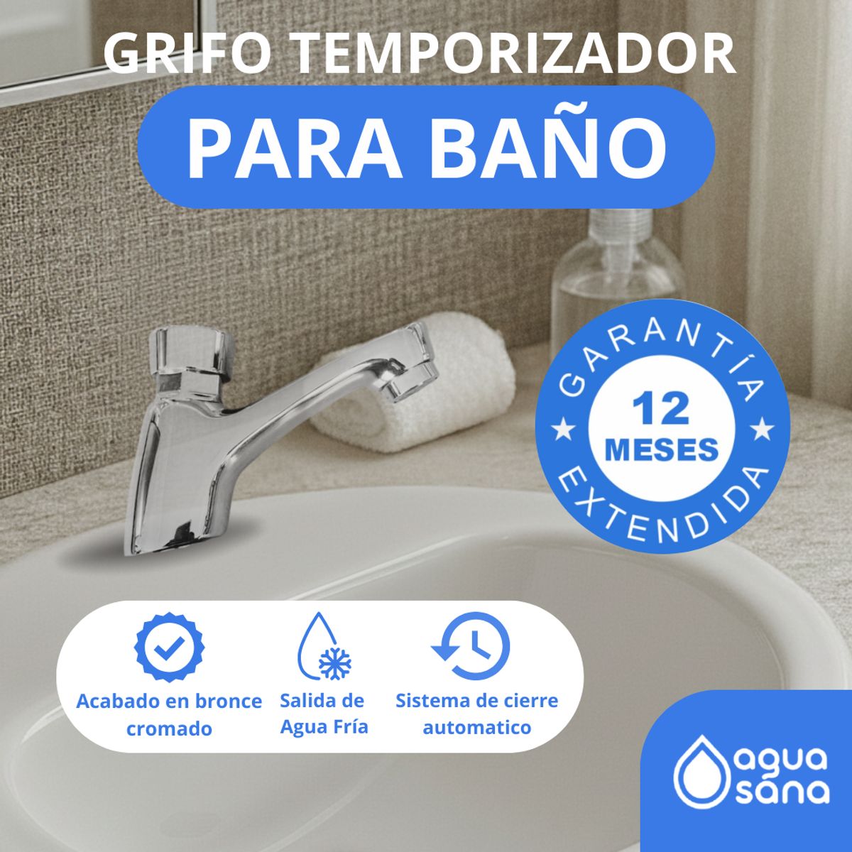 AGUA SANA - Grifo Temporizador para baño Pico Largo Cierre automático D-02