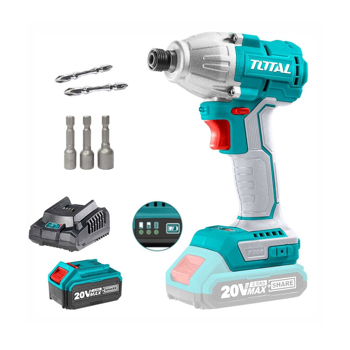 TOTAL TOOLS - COMBO 20V TOTAL ATORNILLADOR DE IMPACTO 170NM BRUSHLESS ¼' + BAT 4 AH