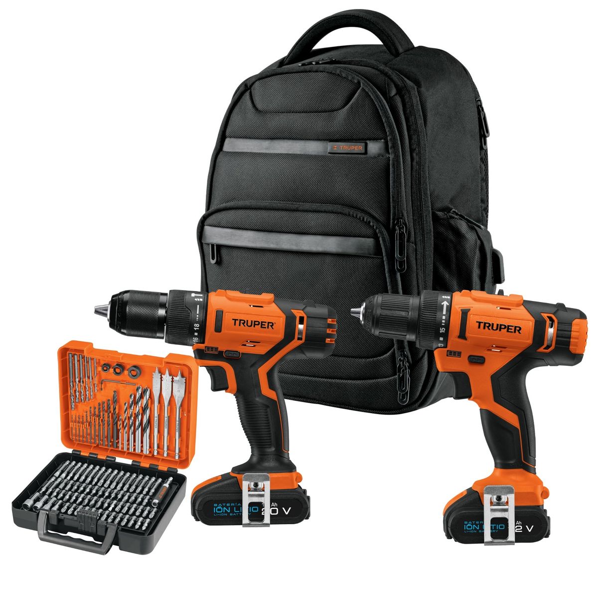 TRUPER - Taladro percutor inalámbrico 20v, Atornillador 12v + 100 accesorios