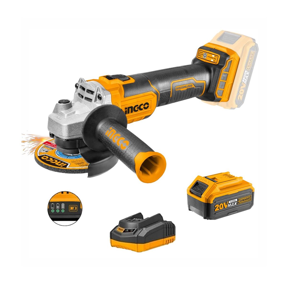 INGCO TOOLS - COMBO 20V INGCO AMOLADORA BRUSHLESS 4 ½'' BATERIA 4Ah CARGADOR